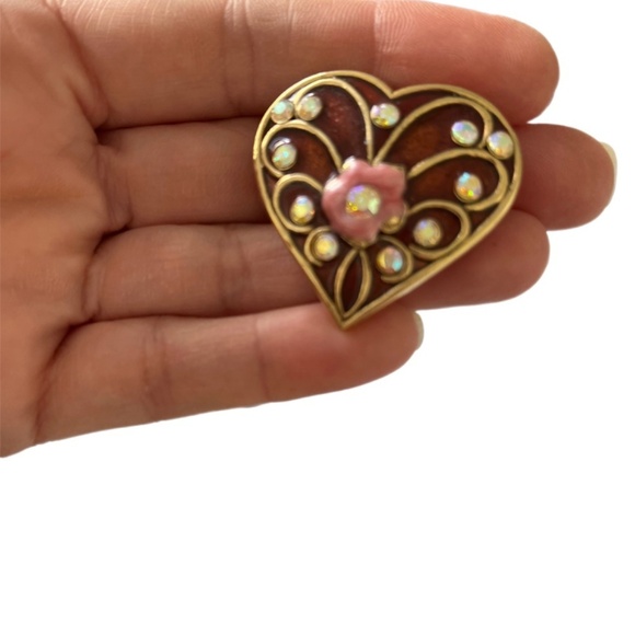 VTG Heart Enamel Aurora Borealis Rhinestones Brooch Pin - Picture 2 of 4